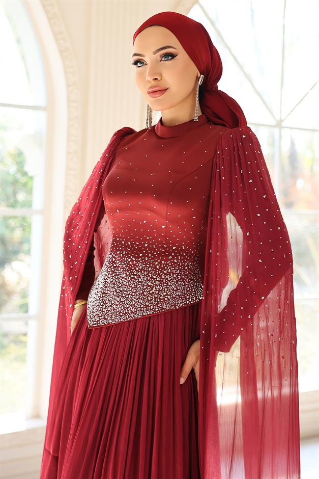 Taş Bezeli Pilise ve Pelerin Detaylı Saten-Yoryo İpek Tesettür Abiye Elbise BORDO 1054