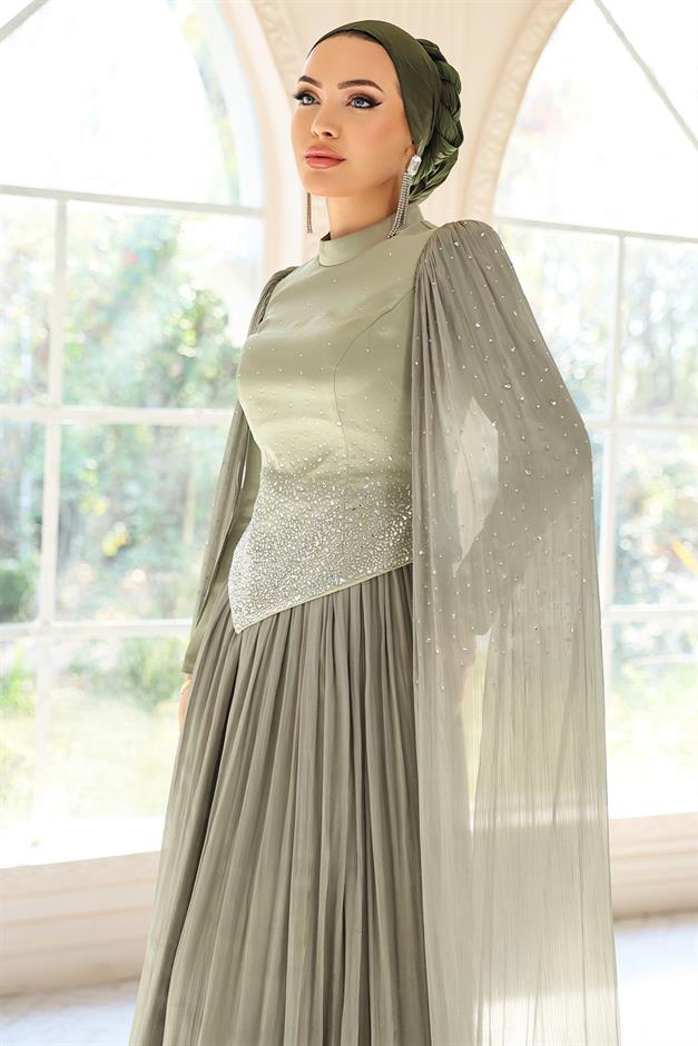 Taş Bezeli Pilise ve Pelerin Detaylı Saten-Yoryo İpek Tesettür Abiye Elbise AÇIK YEŞİL 1054