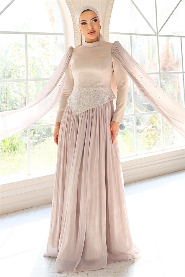 Taş Bezeli Pilise ve Pelerin Detaylı Saten-Yoryo İpek Tesettür Abiye Elbise TAŞ 1054