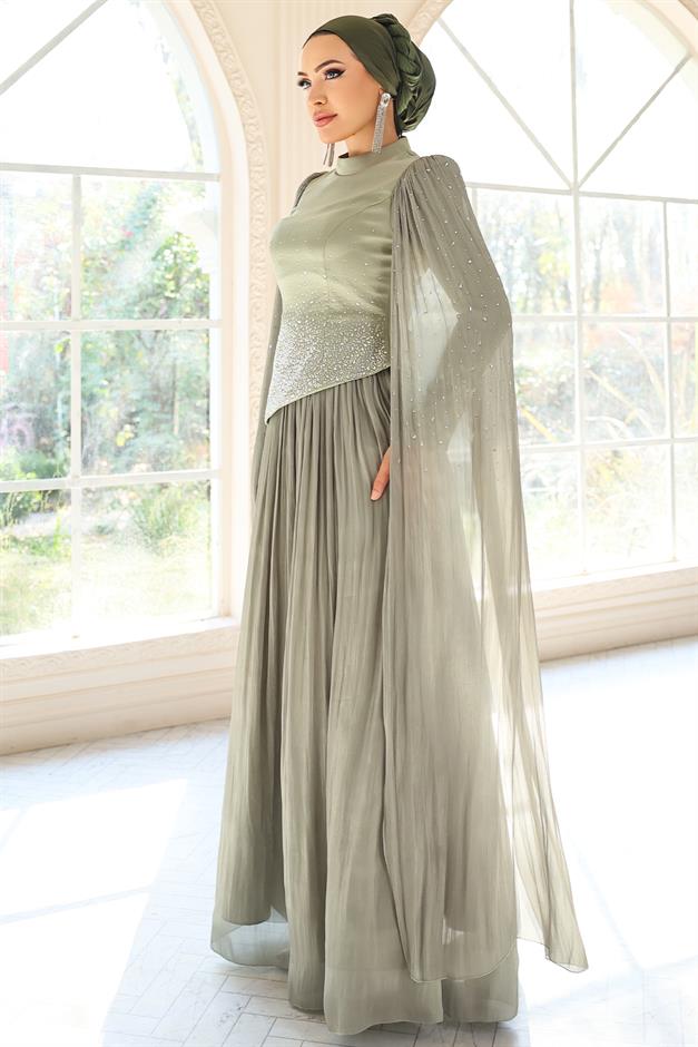 Taş Bezeli Pilise ve Pelerin Detaylı Saten-Yoryo İpek Tesettür Abiye Elbise AÇIK YEŞİL 1054