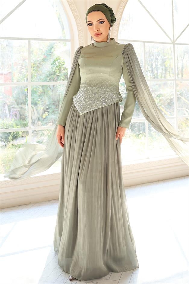 Taş Bezeli Pilise ve Pelerin Detaylı Saten-Yoryo İpek Tesettür Abiye Elbise AÇIK YEŞİL 1054