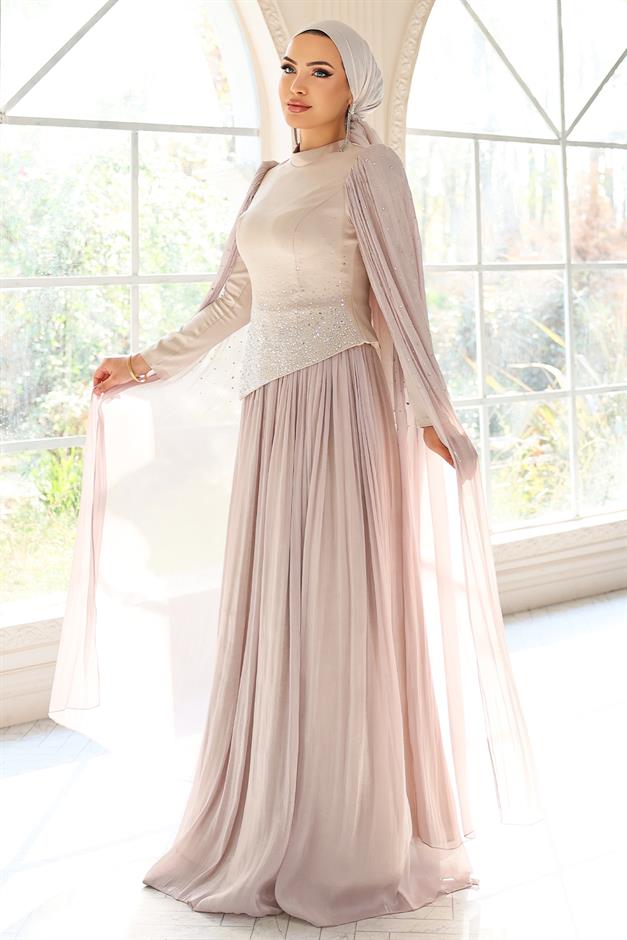 Taş Bezeli Pilise ve Pelerin Detaylı Saten-Yoryo İpek Tesettür Abiye Elbise TAŞ 1054