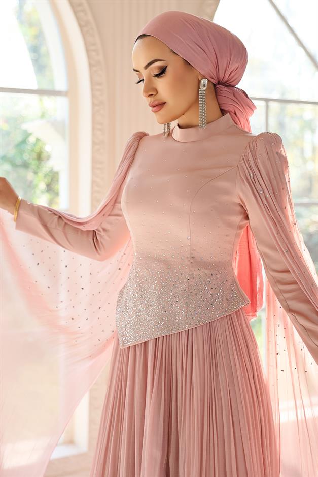 Taş Bezeli Pilise ve Pelerin Detaylı Saten-Yoryo İpek Tesettür Abiye Elbise PUDRA 1054