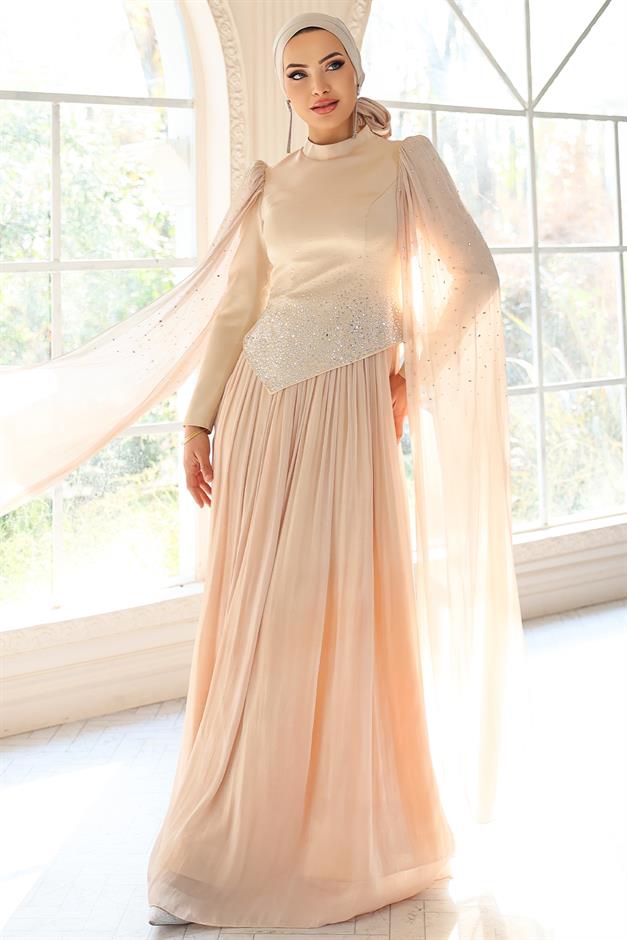 Taş Bezeli Pilise ve Pelerin Detaylı Saten-Yoryo İpek Tesettür Abiye Elbise BEJ 1054