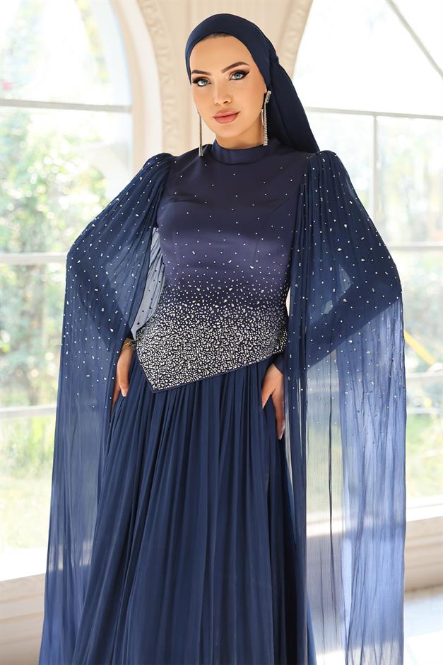 Taş Bezeli Pilise ve Pelerin Detaylı Saten-Yoryo İpek Tesettür Abiye Elbise LACİVERT 1054