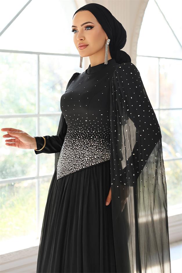 Taş Bezeli Pilise ve Pelerin Detaylı Saten-Yoryo İpek Tesettür Abiye Elbise SİYAH 1054