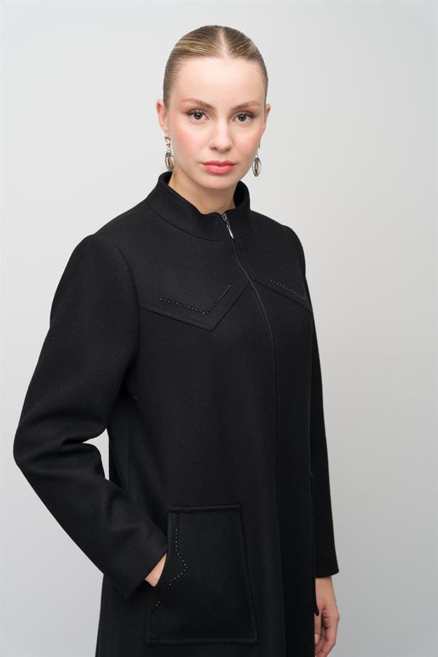 Stone Detailed Plus Size Wool Blend Long Coat BLACK 6634