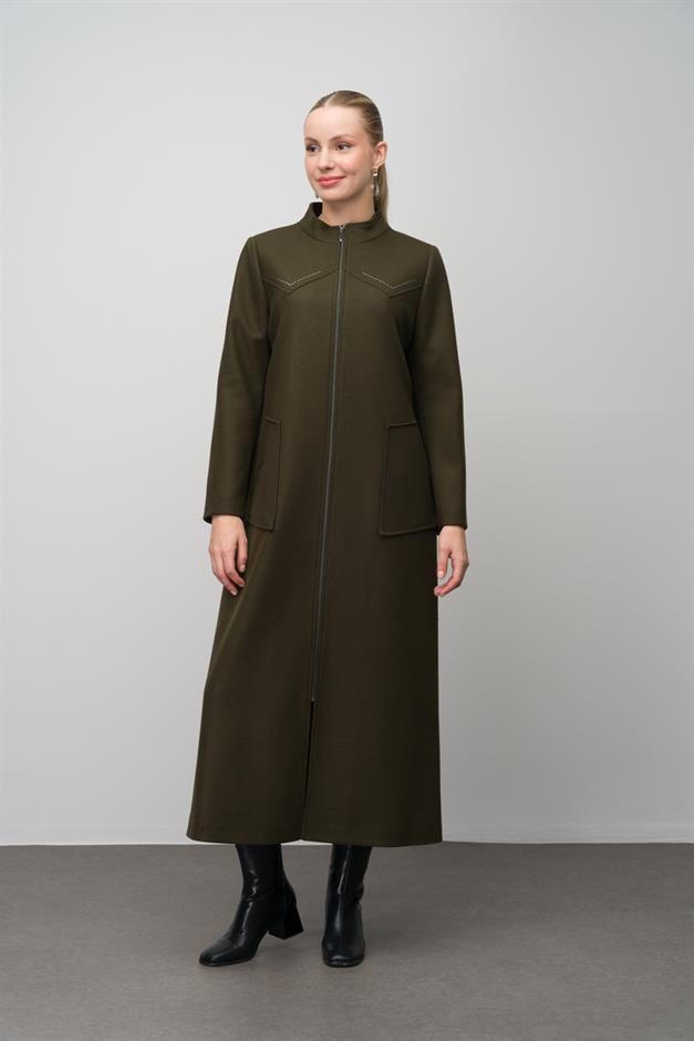 Stone Detailed Plus Size Wool Blend Long Coat DRAB 6634