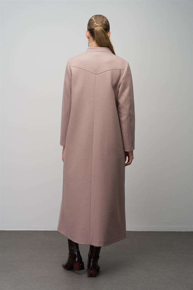 Stone Detailed Plus Size Wool Blend Long Coat IVORY 6634