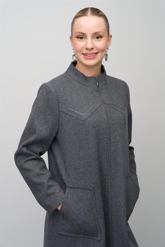 Stone Detailed Plus Size Wool Blend Long Coat HARD COAL 6634