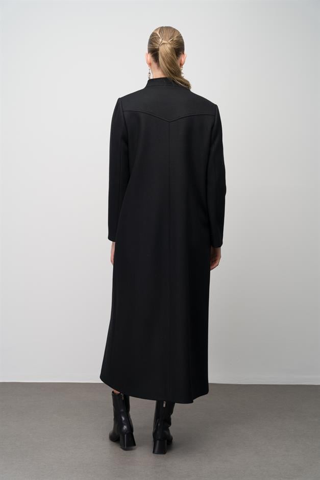 Stone Detailed Plus Size Wool Blend Long Coat BLACK 6634