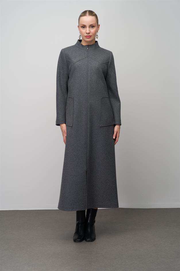 Stone Detailed Plus Size Wool Blend Long Coat HARD COAL 6634