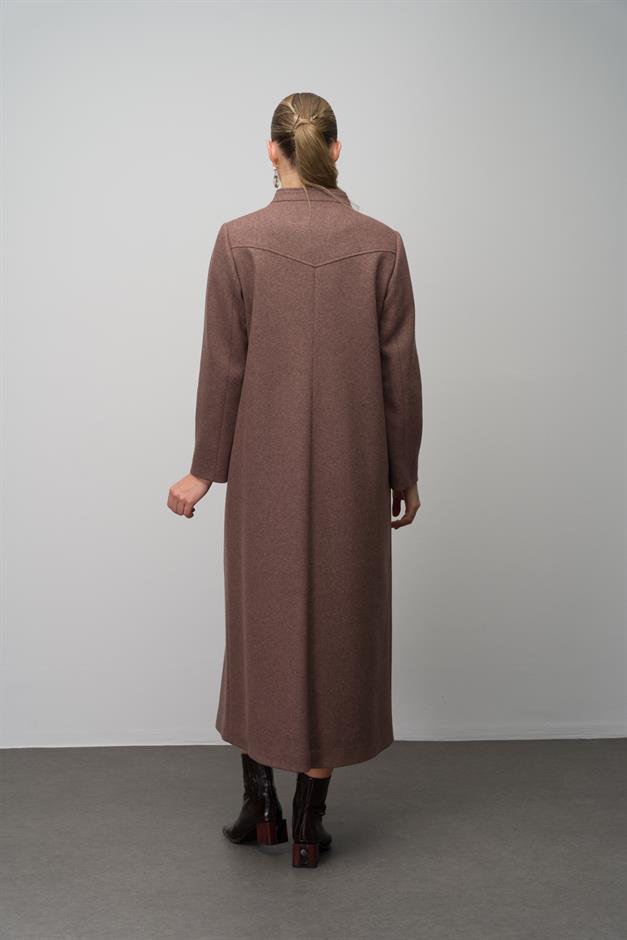 Stone Detailed Plus Size Wool Blend Long Coat COFFEE MELANGE 6634