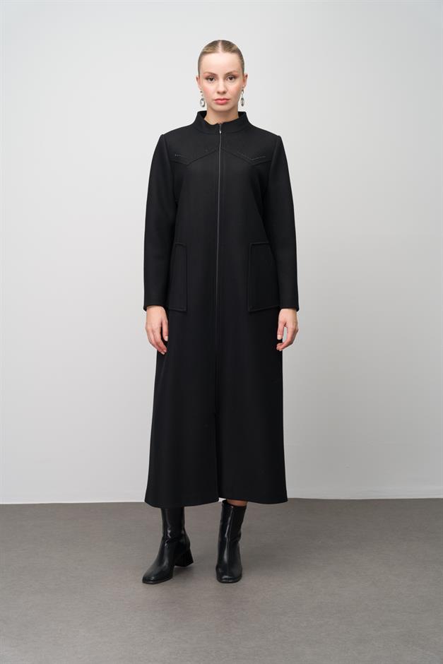 Stone Detailed Plus Size Wool Blend Long Coat BLACK 6634