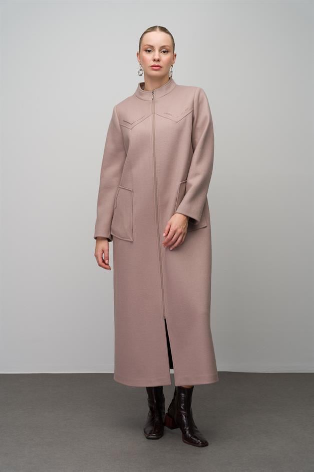 Stone Detailed Plus Size Wool Blend Long Coat IVORY 6634