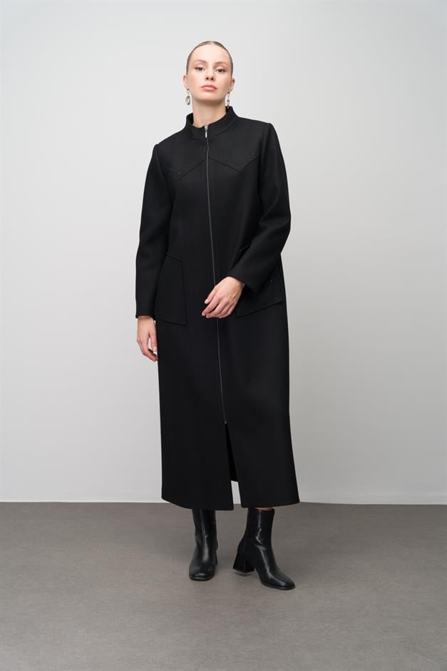 Stone Detailed Plus Size Wool Blend Long Coat BLACK 6634