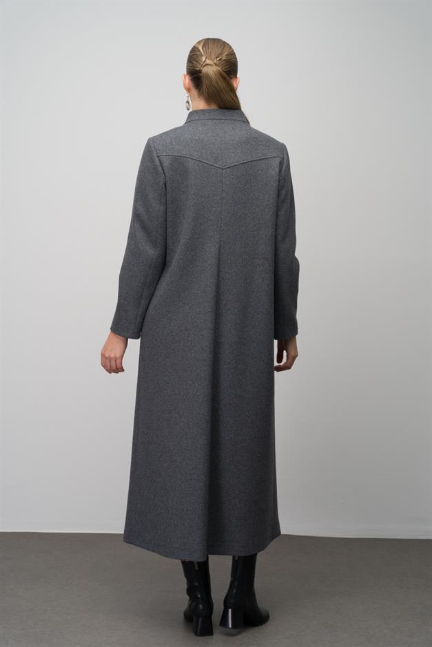 Stone Detailed Plus Size Wool Blend Long Coat HARD COAL 6634