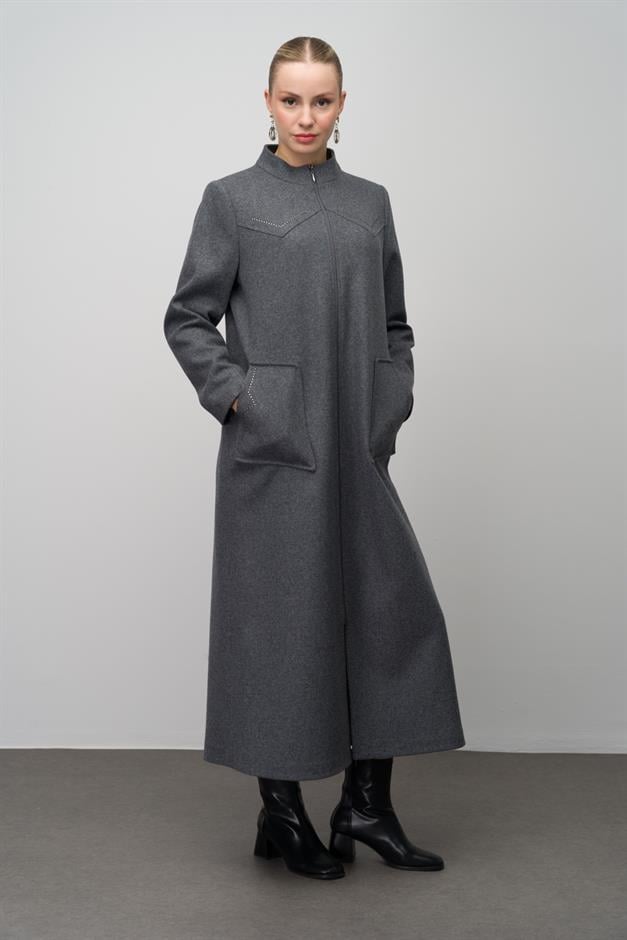 Stone Detailed Plus Size Wool Blend Long Coat HARD COAL 6634