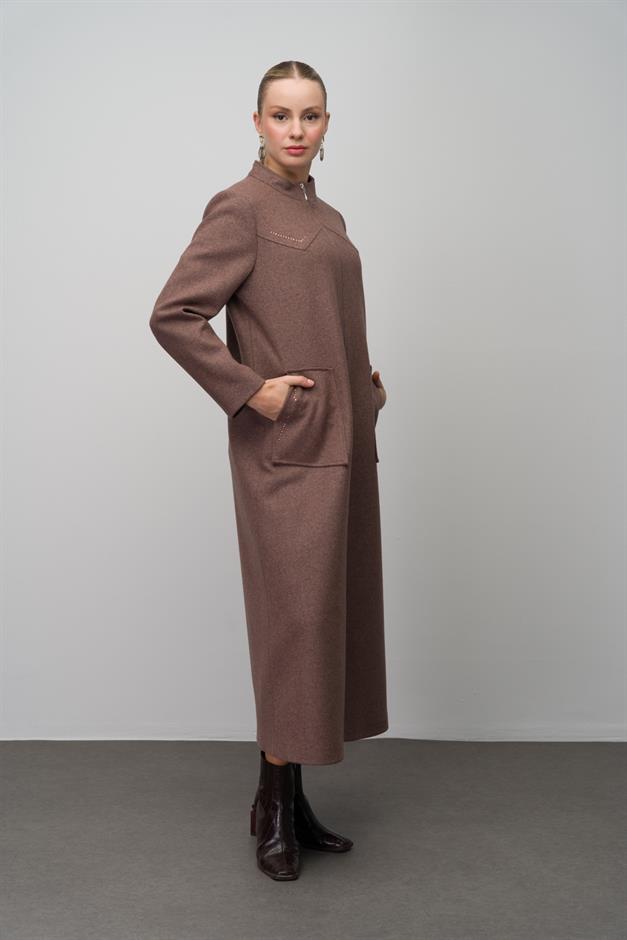 Stone Detailed Plus Size Wool Blend Long Coat COFFEE MELANGE 6634