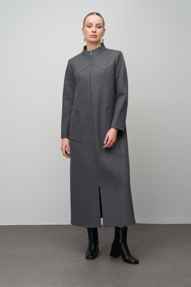 Stone Detailed Plus Size Wool Blend Long Coat HARD COAL 6634