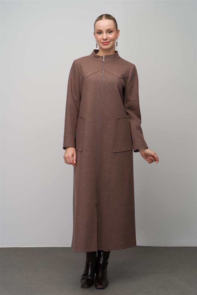 Stone Detailed Plus Size Wool Blend Long Coat COFFEE MELANGE 6634
