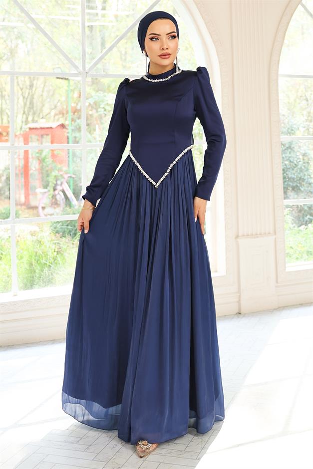 Taş Detaylı Eteği Piliseli Saten ve Yoryo İpek Tesettür Abiye Elbise LACİVERT 1046
