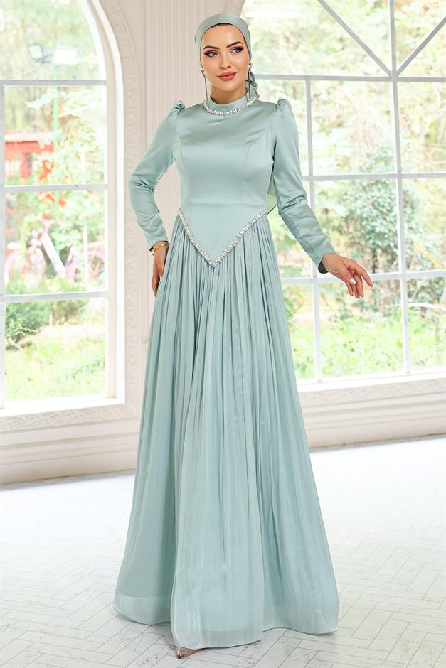 Taş Detaylı Eteği Piliseli Saten ve Yoryo İpek Tesettür Abiye Elbise MİNT 1046