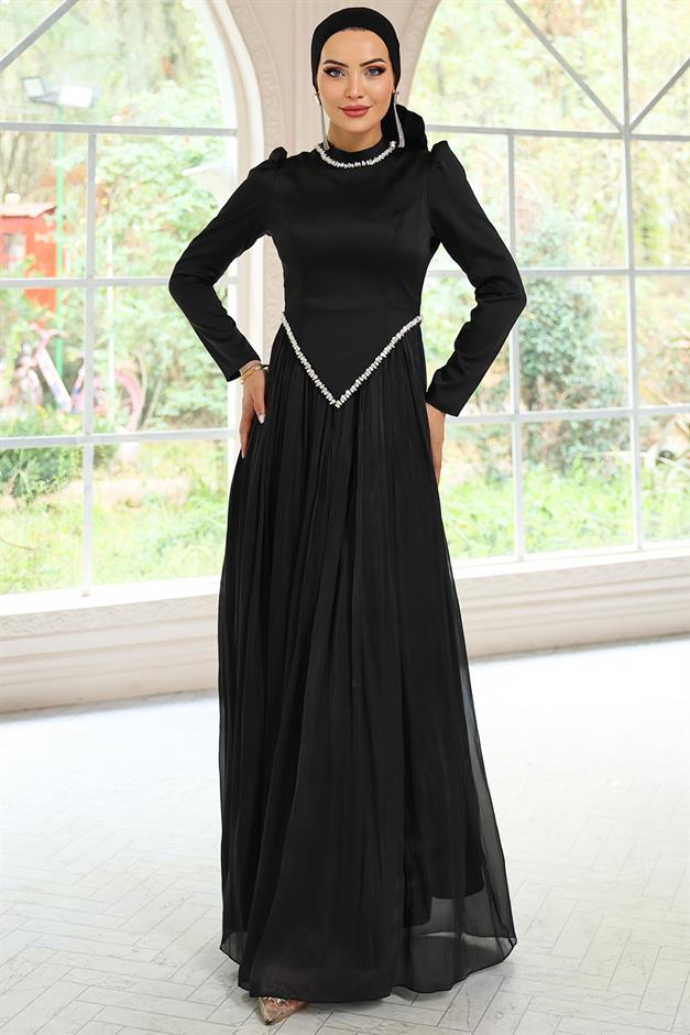 Taş Detaylı Eteği Piliseli Saten ve Yoryo İpek Tesettür Abiye Elbise SİYAH 1046