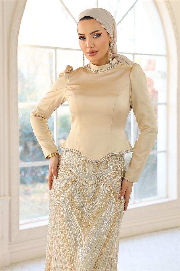 Taş Detaylı Payet ve Saten Kombinli Exclusive Tesettür Abiye Elbise BEJ 1061