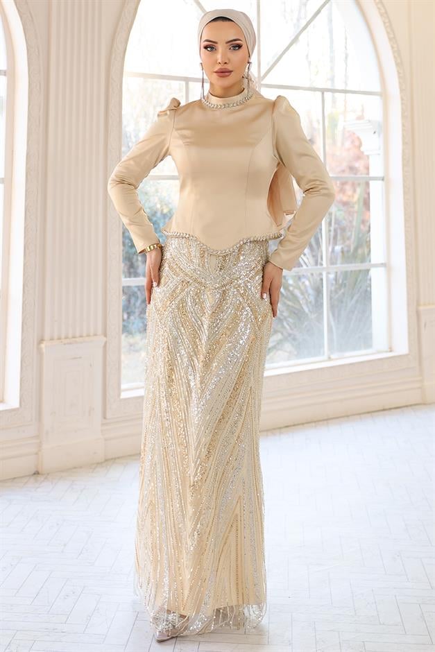 Taş Detaylı Payet ve Saten Kombinli Exclusive Tesettür Abiye Elbise BEJ 1061