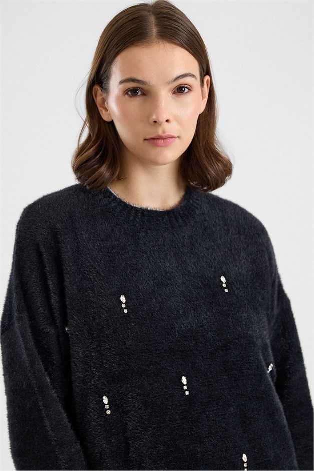 Taş Detaylı Soft Kumaş Oversize Triko Kazak SİYAH 8290