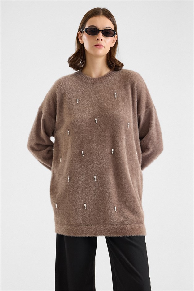 Taş Detaylı Soft Kumaş Oversize Triko Kazak VİZON 8290