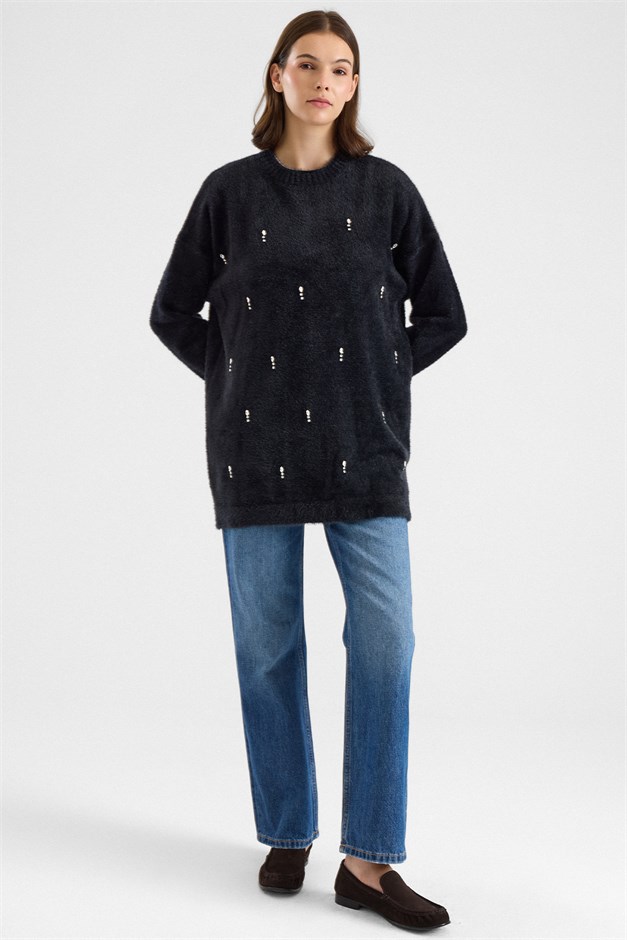 Taş Detaylı Soft Kumaş Oversize Triko Kazak SİYAH 8290