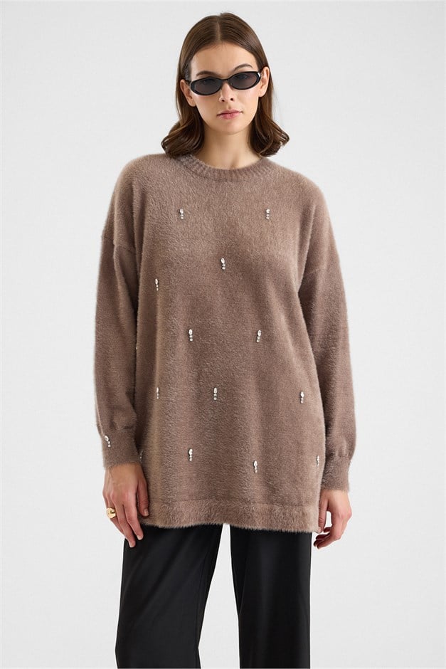 Taş Detaylı Soft Kumaş Oversize Triko Kazak VİZON 8290