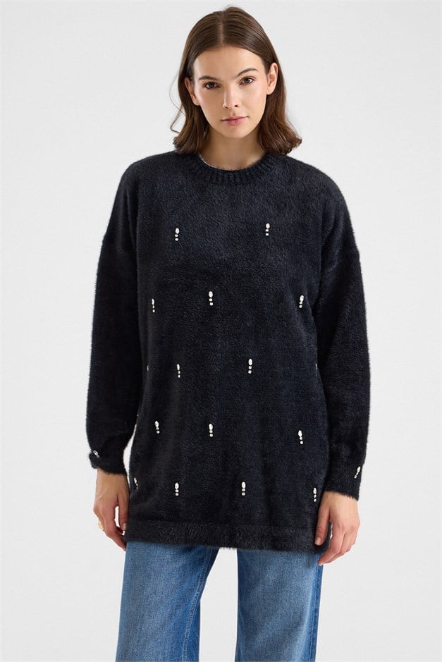 Taş Detaylı Soft Kumaş Oversize Triko Kazak SİYAH 8290