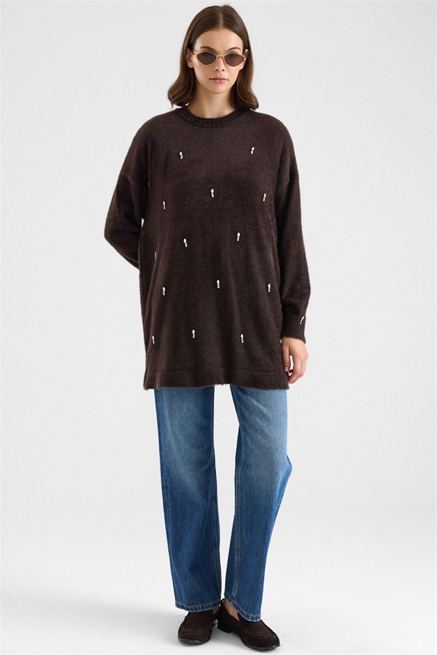 Taş Detaylı Soft Kumaş Oversize Triko Kazak KAHVE 8290