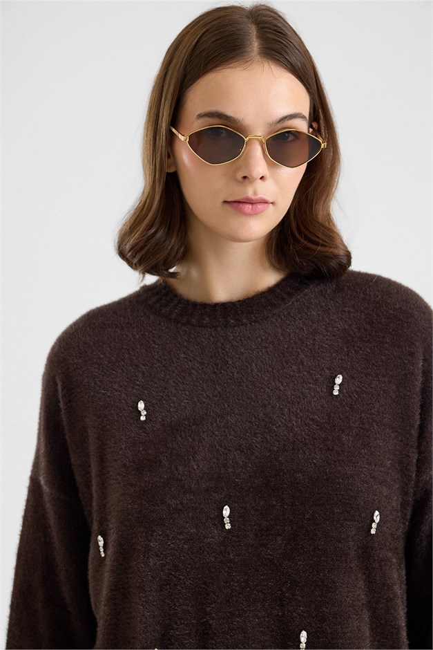 Taş Detaylı Soft Kumaş Oversize Triko Kazak KAHVE 8290