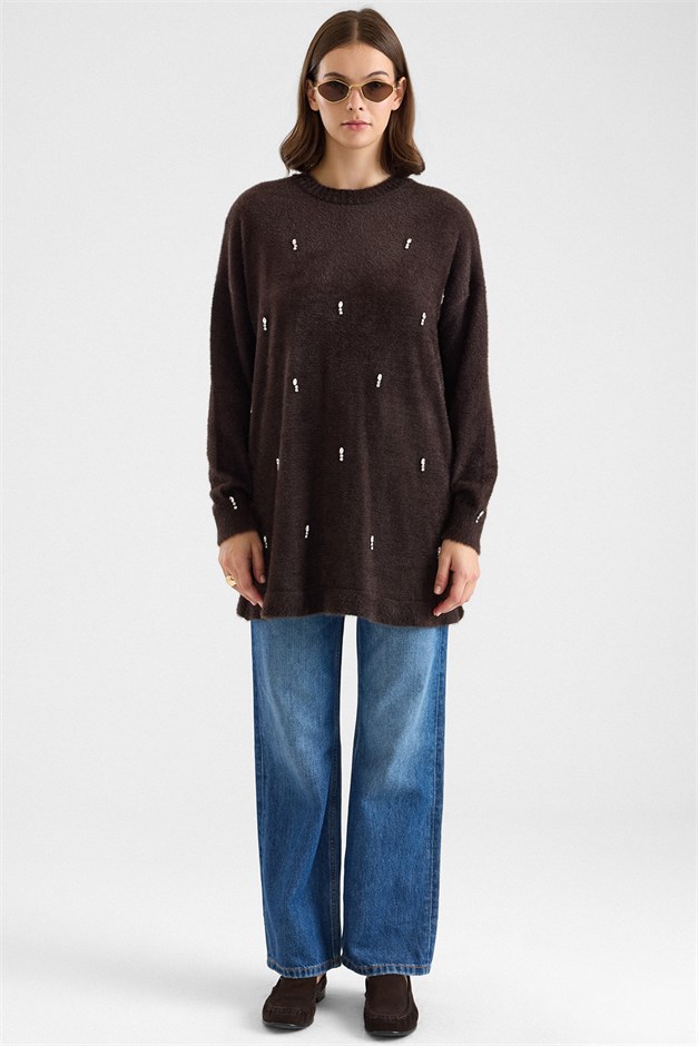 Taş Detaylı Soft Kumaş Oversize Triko Kazak KAHVE 8290