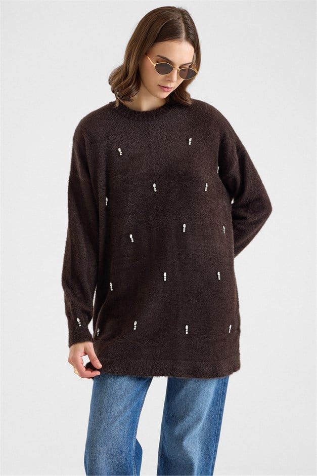 Taş Detaylı Soft Kumaş Oversize Triko Kazak KAHVE 8290