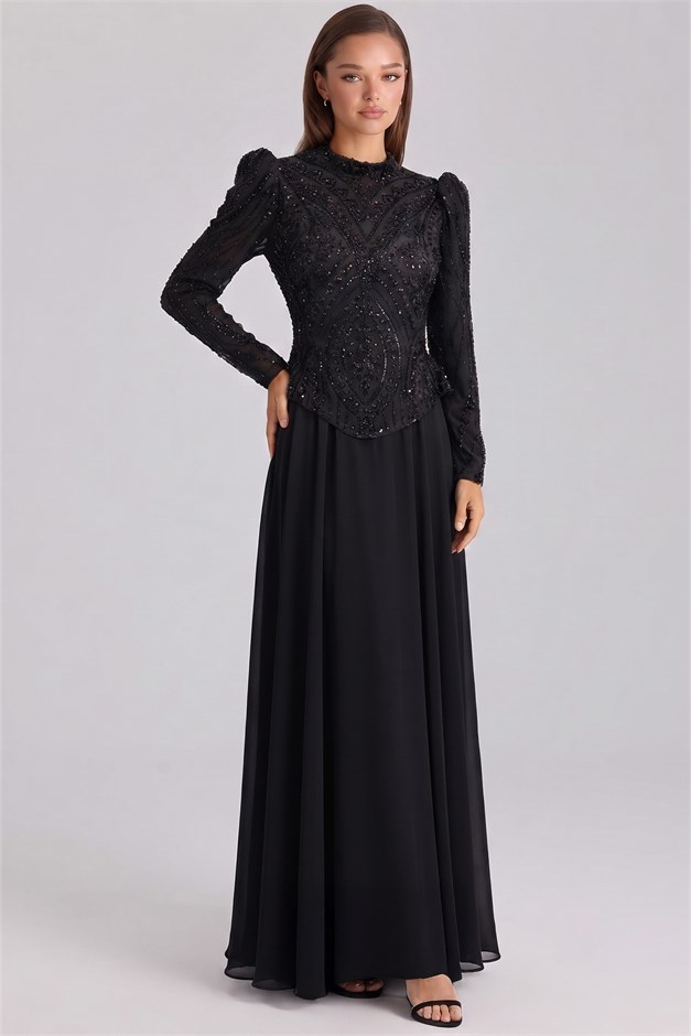 Taş İşlemeli Tül Şifon Kombinli Exclusive Tesettür Abiye Elbise SİYAH 1113-Y