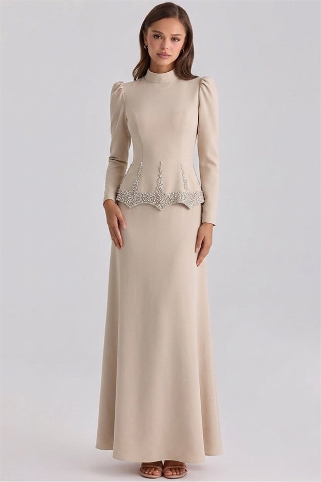 Taş ve İnci Desenli Krep Tesettür Abiye Elbise TAŞ 1690