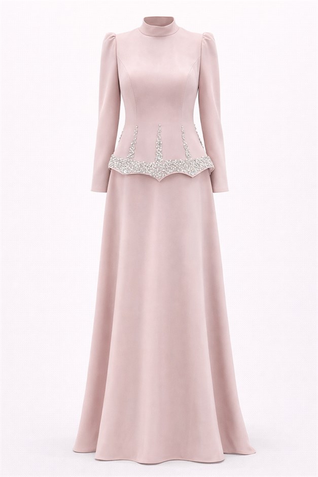 Taş ve İnci Desenli Krep Tesettür Abiye Elbise PUDRA 1690