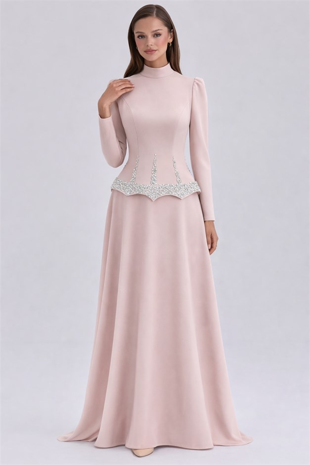 Taş ve İnci Desenli Krep Tesettür Abiye Elbise PUDRA 1690