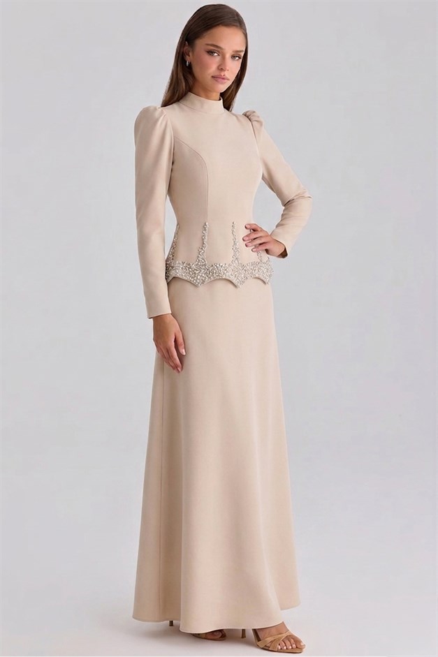 Taş ve İnci Desenli Krep Tesettür Abiye Elbise TAŞ 1690