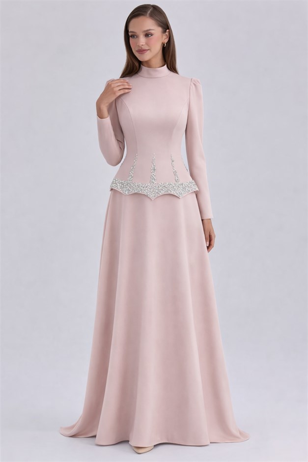 Taş ve İnci Desenli Krep Tesettür Abiye Elbise PUDRA 1690