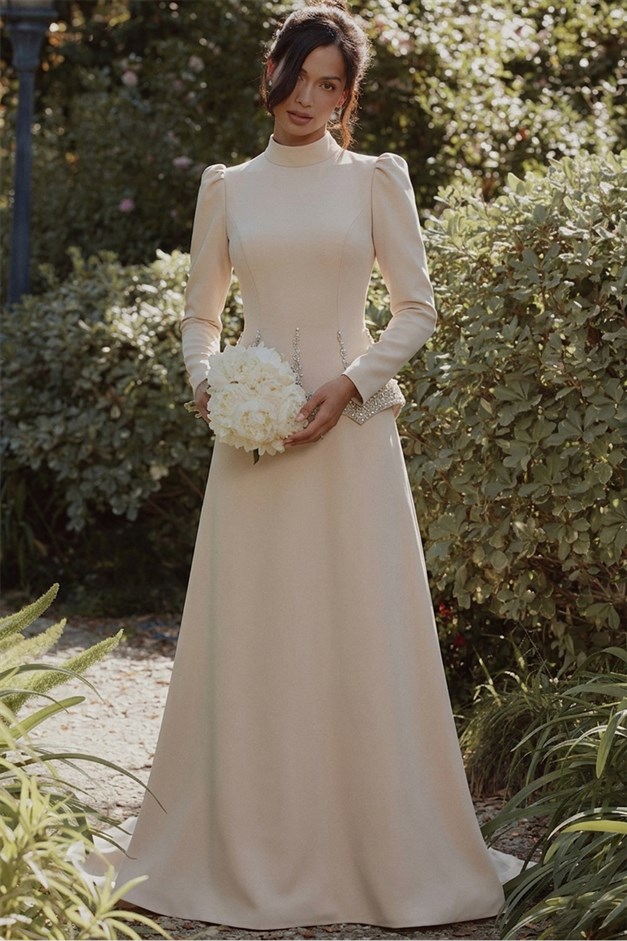 Taş ve İnci Desenli Krep Tesettür Abiye Elbise TAŞ 1690