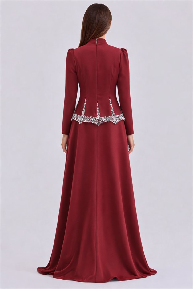 Taş ve İnci Desenli Krep Tesettür Abiye Elbise BORDO 1690