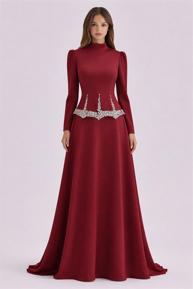 Taş ve İnci Desenli Krep Tesettür Abiye Elbise BORDO 1690