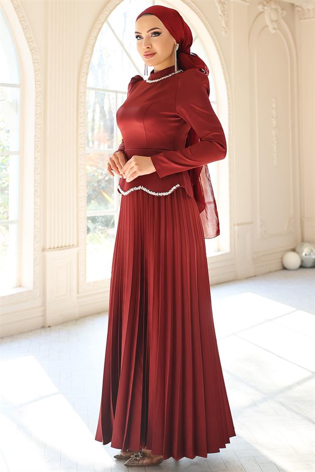 Taş ve İnci Detaylı Piliseli Saten Tesettür Abiye Elbise BORDO 1682