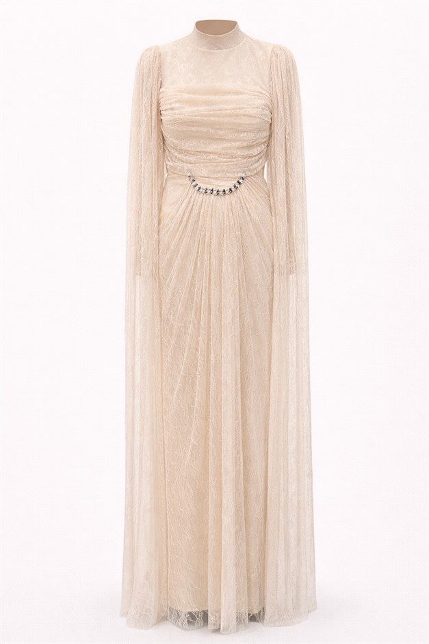 Taş ve Pelerin Detaylı Dantel Tesettür Abiye Elbise KREM 1255